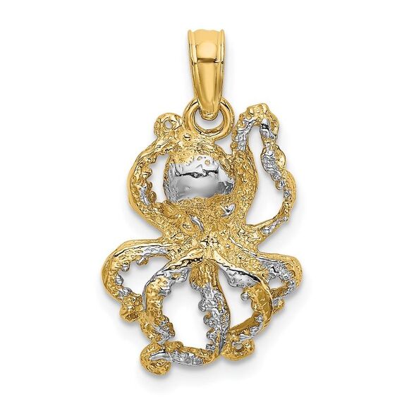 14k Yellow Gold with White Rhodium Textured Octopus Charm